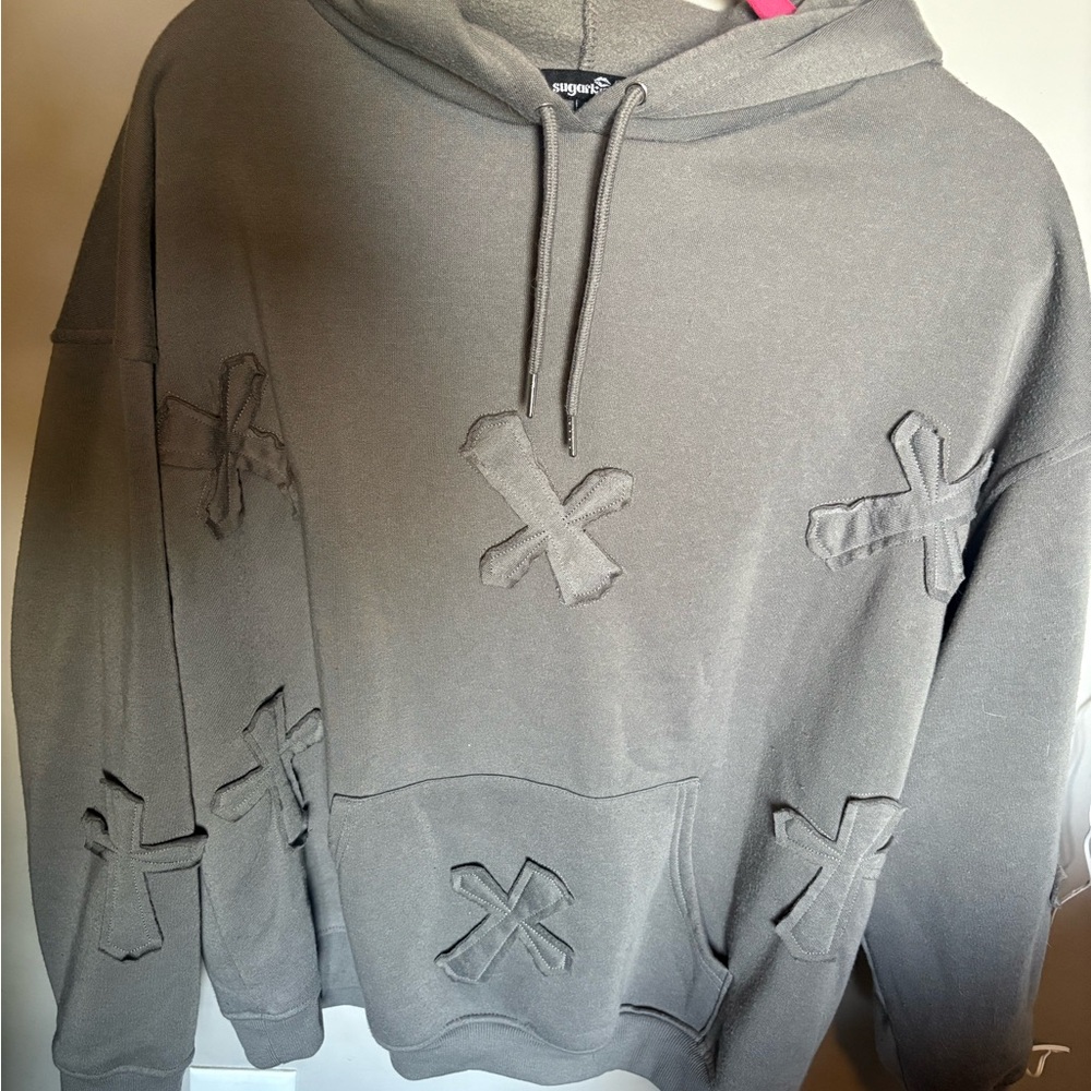 Charcoal Gray Hoodie with Cross Stitch Accents